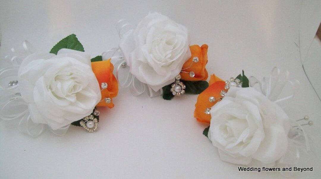 Prom Orange and White Corsage Orange Corsages Corsage With Bling Wrist