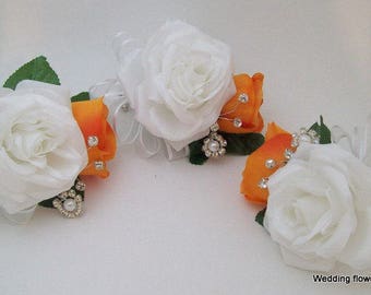 Prom Orange and White Corsage - Orange Corsages - Corsage with Bling - Wrist Corsages - Corsage Sets - Orange and White Wedding Flowers