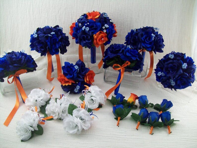 Royal Blue Navy Blue and Orange Rose Bridal Bouquets | Etsy