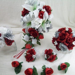 Red Bridal Bouquet Cascading Red Rose Bouquet White Lily Wedding Bouquet Red Silver Bridesmaid Bouquet Red Rose Boutonniere Red Rose Corsage