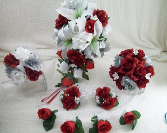 Red Bridal Bouquet Red Rose Wedding Flowers Purchase individual or Set Artificial Bouquet White Lily Red Bridesmaid Bouquets Custom flowers
