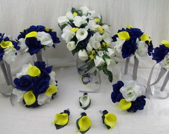 Ramo de novia en cascada azul marino y amarillo con calas, ramos de damas de honor azul marino, flores de boda, paquete de flores de seda, decoración para bodas
