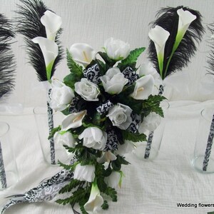 Black and White Bridal Bouquet - Cascade Bouquet - Wedding Bouquet - Bridesmaid Bouquets - Black Wedding Flowers - Feathered Bouquets -