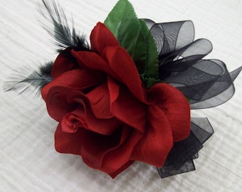 Red and Black Corsage - Wrist Corsage - Red Rose Corsage - Goth Corsage - Goth Wedding flowers - Corsages with Feathers - Prom Corsage-
