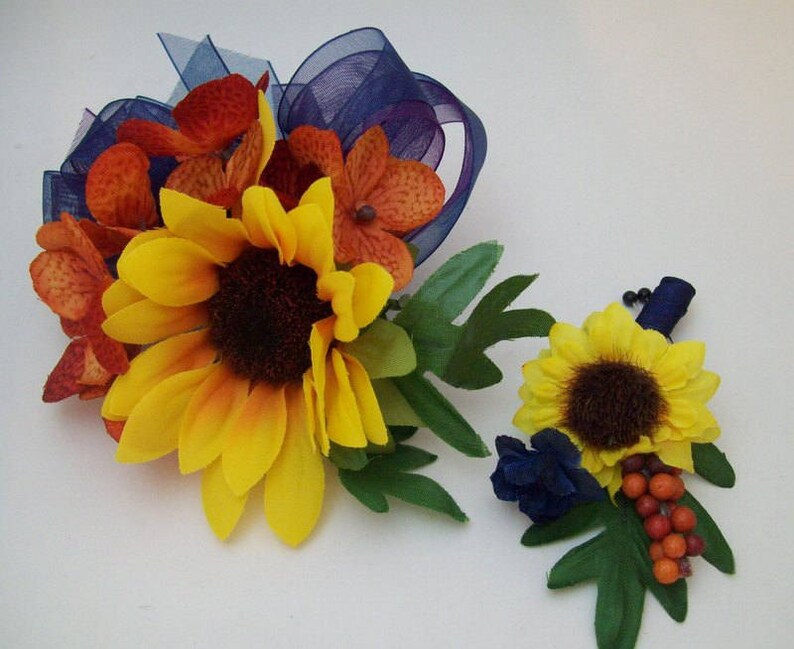 Sunflower Corsages and Boutonnieres Navy Blue and Yellow Silk Fall Wedding Flowers Rustic Fall Wedding Made To Order by Van Caron Collection