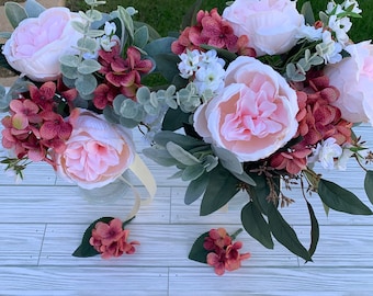 Dusty Rose Peony Wedding Bouquet Set: Bridal & Bridesmaid, Boutonnieres