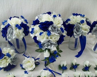 Ramo de novia azul real, paquete de flores de seda para boda, flores artificiales para boda, conjunto floral de 32 piezas, color azul horizonte