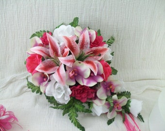 Pink Bridal Bouquet - Cascade Bouquet - Tropical Wedding Bouquet - Lily Bouquet - Orchid Bouquet - Corsages - Boutonnieres - Cake Flowers