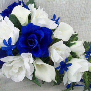 Blue Bridal Bouquet - Cascade Bouquet - Calla Lily Bouquet - Wedding Bouquet - Royal Blue Bouquet - Silk Wedding Flower - Rose Bouquet
