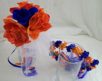Adorno floral de seda azul real y naranja, corona para niña de las flores, varita mágica, conjunto de 2 piezas para niña de las flores (adorno y varita). Gran variedad de colores disponibles.