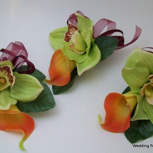 WeDDiNG, QuiNCeaNeRa, PRoM FLoWeRS 3 PieCe GReeN Cymbidium oRCHiD and ReaL TouCH CaLLa LiLY CoRSaGeS For MoMS WeDDiNG FLoWeRS image 5