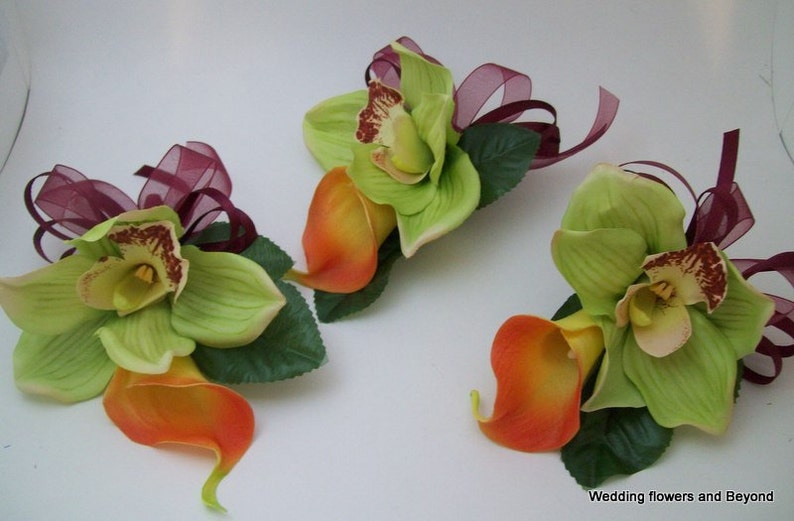 WeDDiNG, QuiNCeaNeRa, PRoM FLoWeRS 3 PieCe GReeN Cymbidium oRCHiD and ReaL TouCH CaLLa LiLY CoRSaGeS For MoMS WeDDiNG FLoWeRS image 5