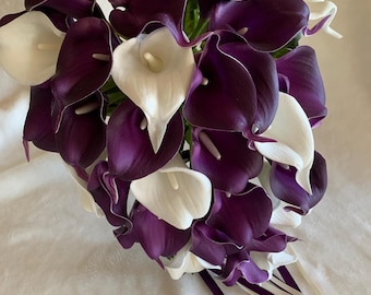 Purple and Ivory Calla lily Bridal Bouquet For Wedding Artificial Bouquet For Bride Premium True Touch Wedding Bouquet