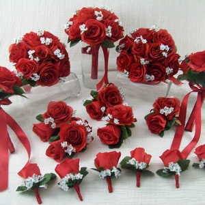 Red Rose Bridesmaid Bouquet Silk Wedding Flower Package Faux Babies Breath and Rose Winter Wedding Set 16 Pieces Lots of Colors Available
