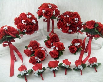 Red Rose and Babies Breath Bouquet For Bridesmaids, Artificial Wedding Flowers, Faux Floral Bouquet, Silk Wedding Flower Set, 16 Piece