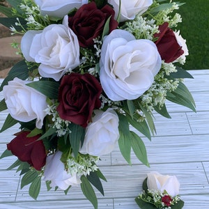 Bridal Bouquet Burgundy Rose Wedding Bouquet Set Bride and Groom Flower Set Burgundy Cascading Bouquet Eucalyptus Bouquet Wedding Flowers