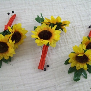 Sunflower Boutonnieres Red and Yellow Wedding Flowers Rustic Fall Wedding Flowers Mens Boutonnieres Button holes 3 Pieces Made To Order