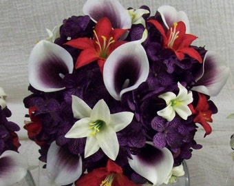 Plum Bridal Bouquet - Purple Bouquet - Red and Purple Wedding Bouquet - Real Touch Calla Lily Bouquet - Fake Bouquets - Silk Flower Set