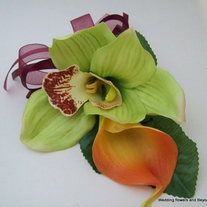 WeDDiNG, QuiNCeaNeRa, PRoM FLoWeRS 3 PieCe GReeN Cymbidium oRCHiD and ReaL TouCH CaLLa LiLY CoRSaGeS For MoMS WeDDiNG FLoWeRS image 4