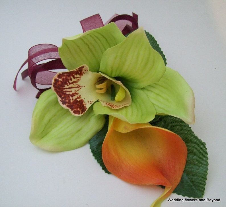 WeDDiNG, QuiNCeaNeRa, PRoM FLoWeRS 3 PieCe GReeN Cymbidium oRCHiD and ReaL TouCH CaLLa LiLY CoRSaGeS For MoMS WeDDiNG FLoWeRS image 4