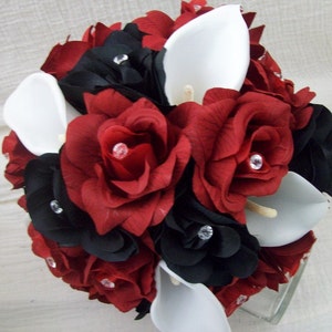 Bridal Bouquet Red Rose Bouquet Red an Black Bridal Bouquet Artificial Wedding Bouquet Vowel Renewal Bouquet Destination Red Wedding Flowers