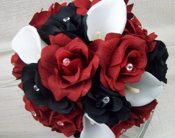 Red Bridal bouquet Artificial Wedding Flowers Red black white