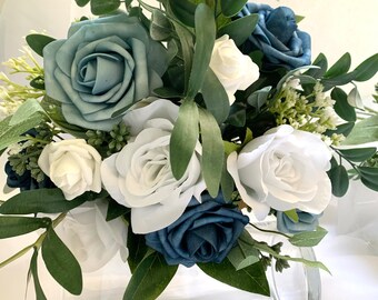 Dusty Blue Rose Bridal Bouquet: Steel Blue & White Artificial Flowers