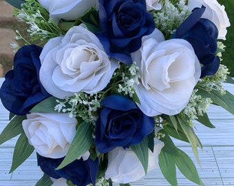 Navy Blue Bridal Bouquet: Artificial Rose Bouquet For Bride Wedding Flower Set