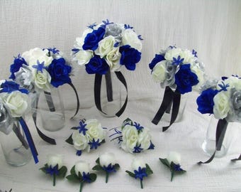 Royal Blue Bridal Bouquet Blue and Silver Wedding Flower Bouquet Set Blue Bridesmaid Bouquet Artificial Flower For Wedding Customize Package