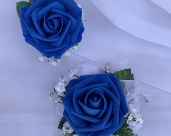 Royal Blue Corsage and Boutonniere Set Blue Silver Wedding Corsage Artificial Flower For Special Occasion Purchase As A Set Or Individually