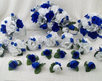 Ramo de novia azul real y plata - Ramo de novia en cascada azul real - Conjunto de flores de seda - Ramo de boda - Conjunto de flores azul real - Ramos