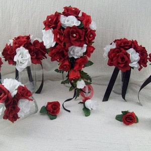 Red Cascade Bouquet Red and Black Bride Bouquet Red Rose Bouquets Red Wedding Bouquet Red Bridesmaid Bouquet Silk Flower Bridal Bouquet