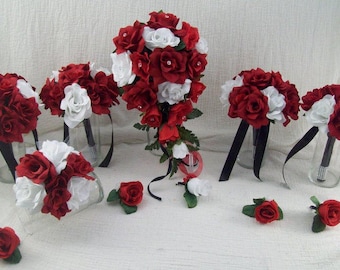Red Cascade Bouquet Red and Black Bride Bouquet Red Rose Bouquets Red Wedding Bouquet Red Bridesmaid Bouquet Silk Flower Bridal Bouquet
