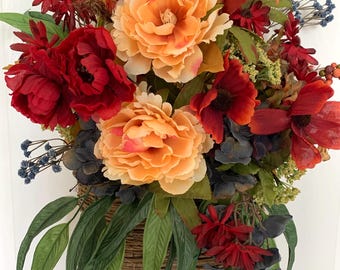 Corona de puerta de otoño, cesta, decoración de otoño, arreglo floral, flores silvestres, regalo para pensar en ti, regalo rústico de inauguración de casa de campo, flores de cumpleaños