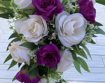 Purple Rose Cascade Bridal Bouquet with Boutonniere: Ivory & Eucalyptus Wedding Flower Set