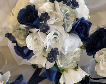 Navy Blue Silver Silk Wedding Flower Package, 20pc Bridal Bouquet Set, White Rose Bridesmaid Bouquets, Boutonnieres
