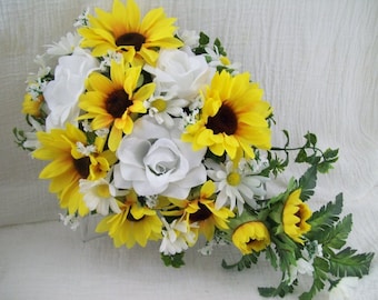 Sunflower Bridal Bouquet Wedding Flowers For Fall Rustic Sunflower and Daisy Silk Flower Set Bridesmaid Bouquet Sunflower Boutonniere