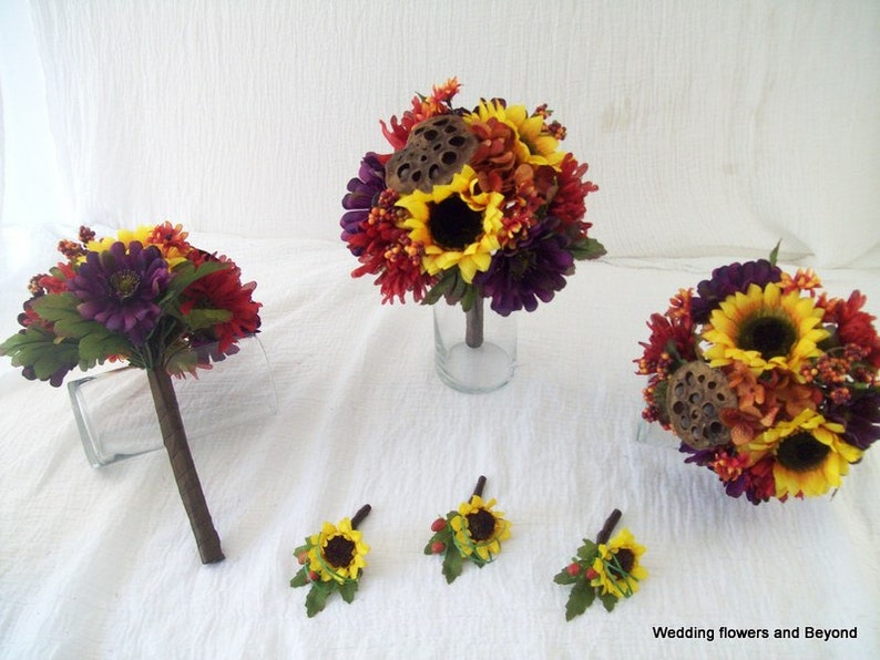 Rustic Silk Wedding Flowers Fall wedding Sunflower Bouquets 6 Piece Made To order Flower Package Sunflowers