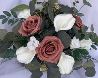 Dusty Rose Wedding Bouquet: Mauve Roses, Calla Lilies, Boutonniere Set