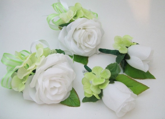 Wrist Corsage and Boutonniere 2pc Set BCset-05 Aqua//Mint Green and Ivory