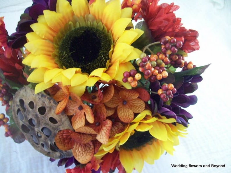 Rustic Silk Wedding Flowers Fall wedding Sunflower Bouquets 6 Piece Made To order Flower Package Sunflowers
