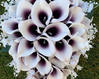 Ramo de novia morado ciruela con cascada de calas, flores artificiales para boda, flores de tacto realista, ramo artificial para dama de honor
