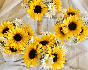 Fall Sunflower Bridal Bouquet | Autumn Wedding Flowers | Rustic Faux Bridesmaid Bouquets | Yellow Silk Floral Arrangement