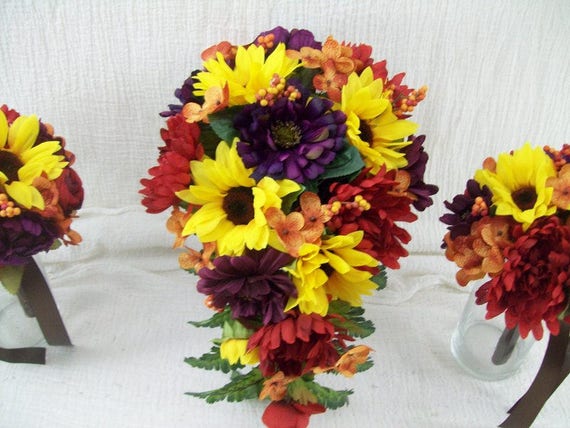 Fall Bridal Bouquet Fall Wedding Decor Sunflower Cascade Etsy