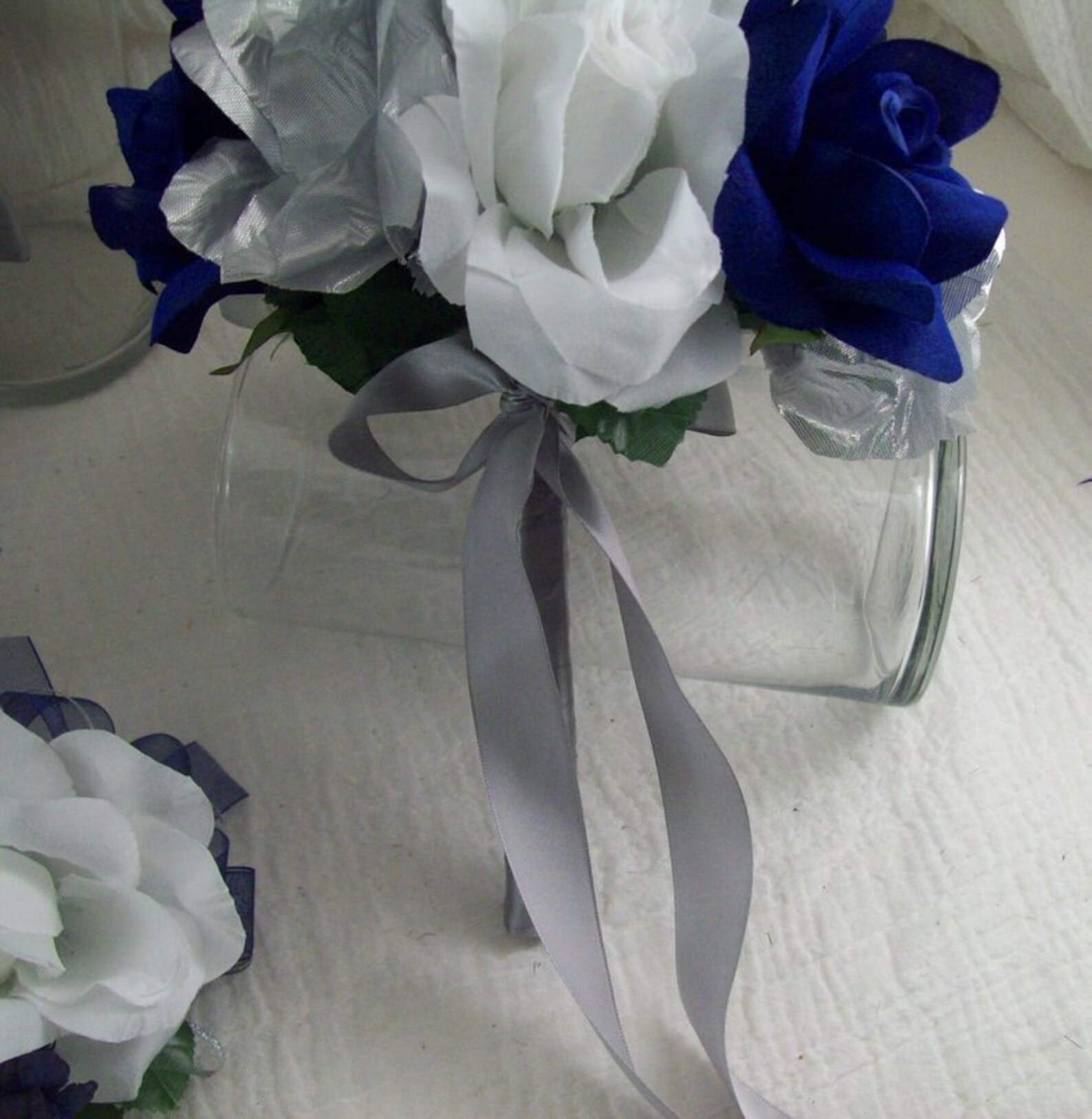 Navy Bluesilver White Silk Flower Package Cascade Bridal Etsy