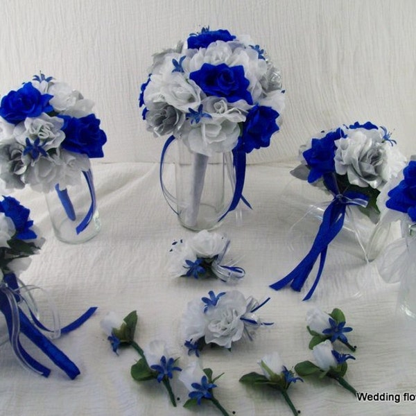 Silk Wedding Flowers Bridal Bouquets RoYaL BLue ,SiLVeR aND WHiTe RoSes 13 pieces made to order Brides on a Budget WeDDiNG BouQuets