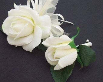 Real Touch Rose Corsage and Boutonniere Set - Prom Corsage - Rose Corsage - Prom Boutonniere - Wrist Corsage - White Real Touch Rose-