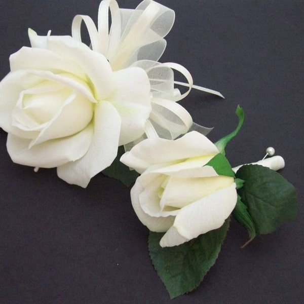 Real Touch Rose Corsage and Boutonniere Set - Prom Corsage - Rose Corsage - Prom Boutonniere - Wrist Corsage - White Real Touch Rose-