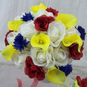 Yellow Bridal Bouquet Red and Blue Wedding Bouquet Real Touch Bouquet Calla Lily Bouquet Bridesmaid Bouquet Silk Flower Set image 1