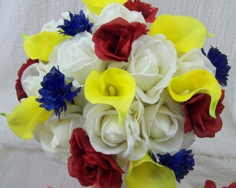 Yellow Bridal Bouquet - Red and Blue Wedding Bouquet - Real Touch Bouquet - Calla Lily Bouquet -  Bridesmaid Bouquet - Silk Flower Set